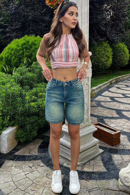 Kadın Kar Yıkama Soluk Efektli Yüksek Bel Denim Şort Yeşil Tintli - MALLTURK
