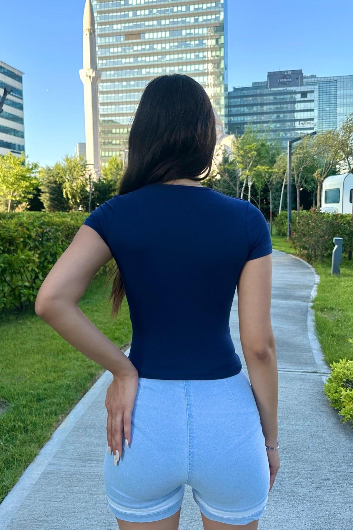 Kadın Kare Yaka Kısa Kol T-Shirt Lacivert - MALLTURK