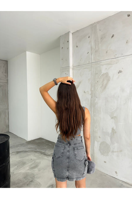 Kadın Kargo Cep Detaylı Yüksek Bel Mini Denim Etek füme - MALLTURK
