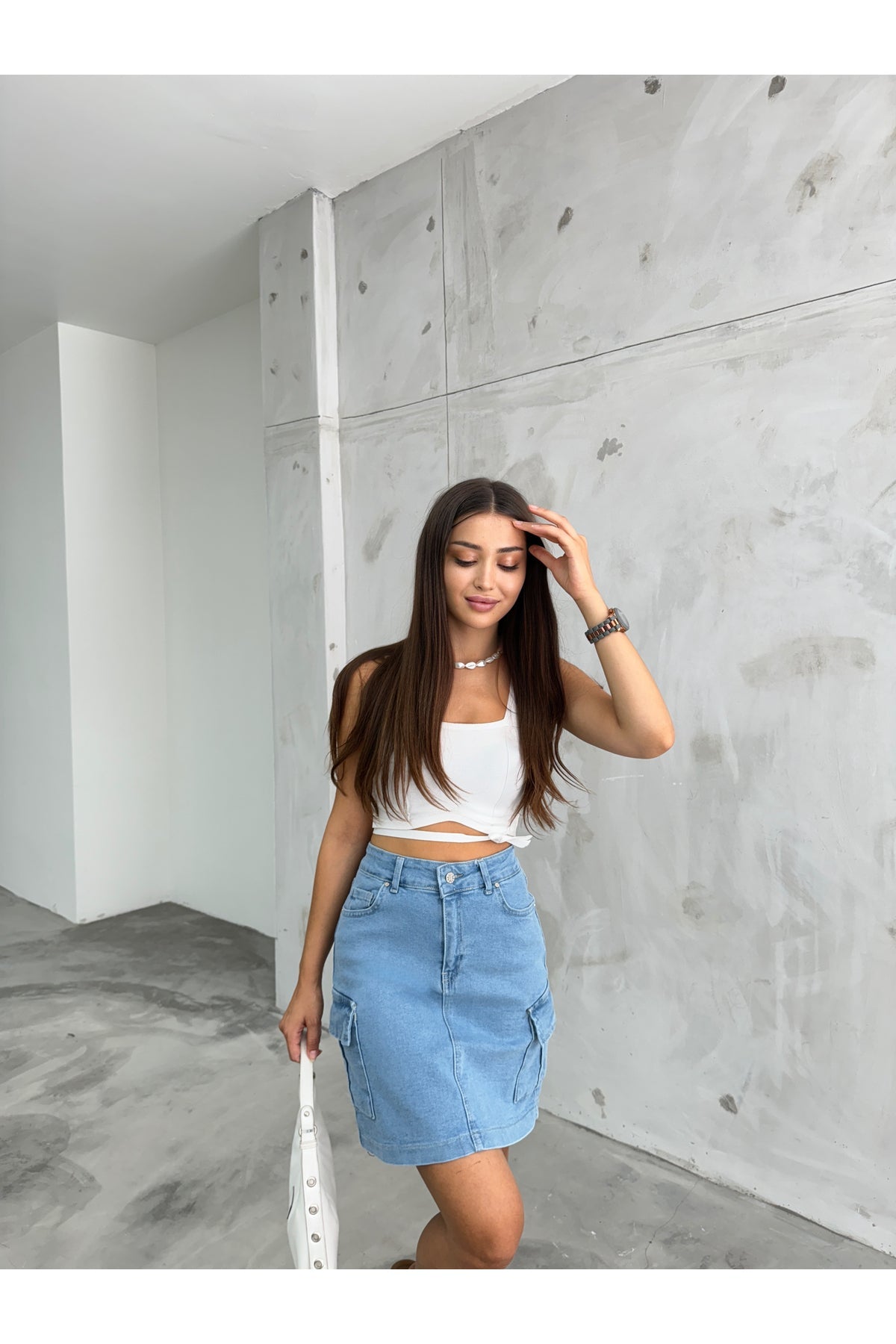 Kadın Kargo Cep Detaylı Yüksek Bel Mini Denim Etek mavi - MALLTURK