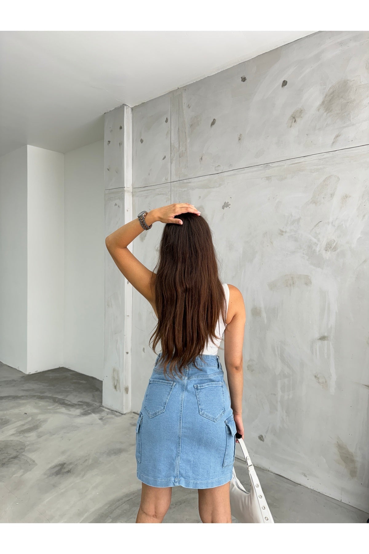 Kadın Kargo Cep Detaylı Yüksek Bel Mini Denim Etek mavi - MALLTURK