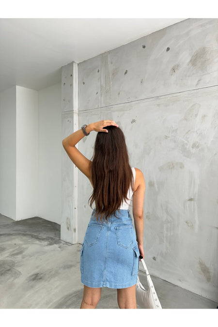 Kadın Kargo Cep Detaylı Yüksek Bel Mini Denim Etek mavi - MALLTURK