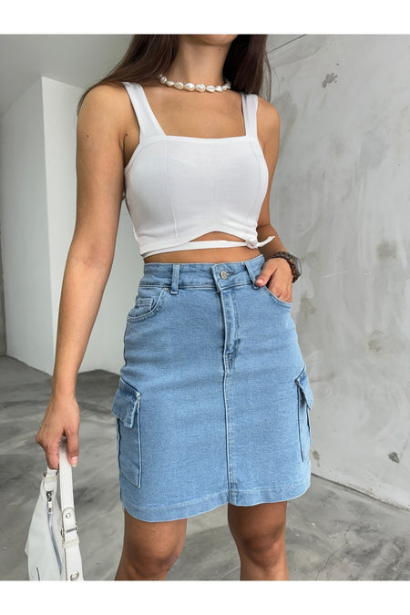 Kadın Kargo Cep Detaylı Yüksek Bel Mini Denim Etek mavi - MALLTURK