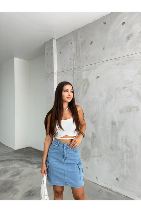 Kadın Kargo Cep Detaylı Yüksek Bel Mini Denim Etek mavi - MALLTURK