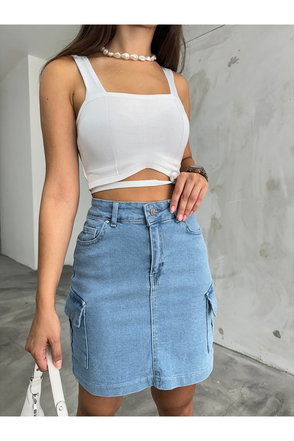 Kadın Kargo Cep Detaylı Yüksek Bel Mini Denim Etek mavi - MALLTURK