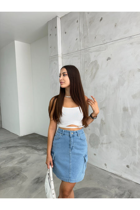 Kadın Kargo Cep Detaylı Yüksek Bel Mini Denim Etek mavi - MALLTURK