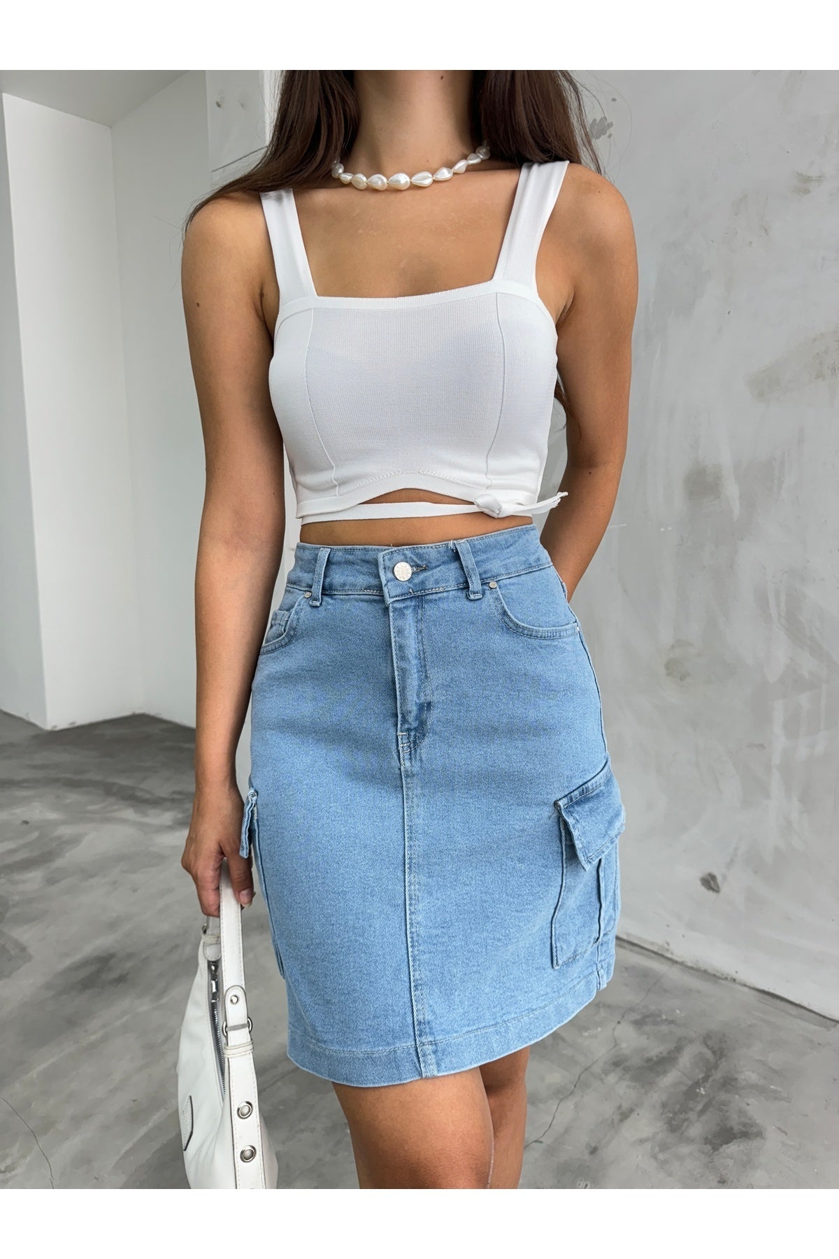 Kadın Kargo Cep Detaylı Yüksek Bel Mini Denim Etek mavi - MALLTURK
