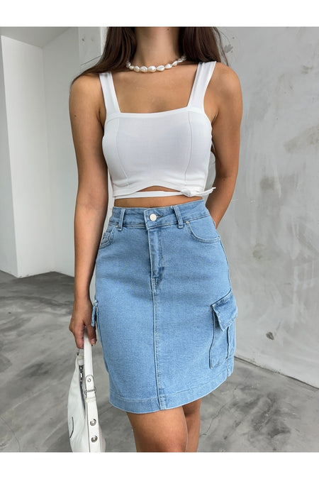 Kadın Kargo Cep Detaylı Yüksek Bel Mini Denim Etek mavi - MALLTURK