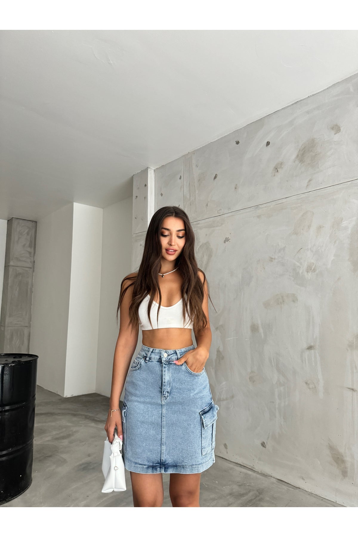 Kadın Kargo Cep Detaylı Yüksek Bel Mini Denim Etek Metalik - MALLTURK