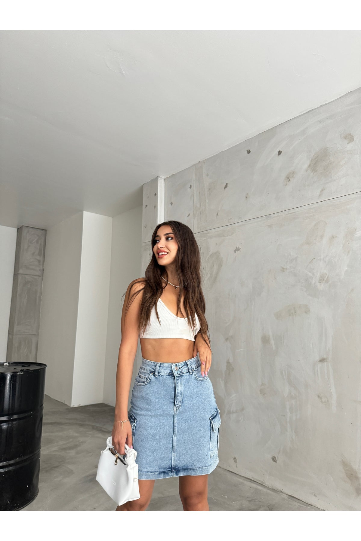 Kadın Kargo Cep Detaylı Yüksek Bel Mini Denim Etek Metalik - MALLTURK