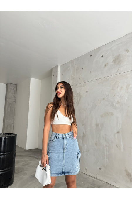 Kadın Kargo Cep Detaylı Yüksek Bel Mini Denim Etek Metalik - MALLTURK