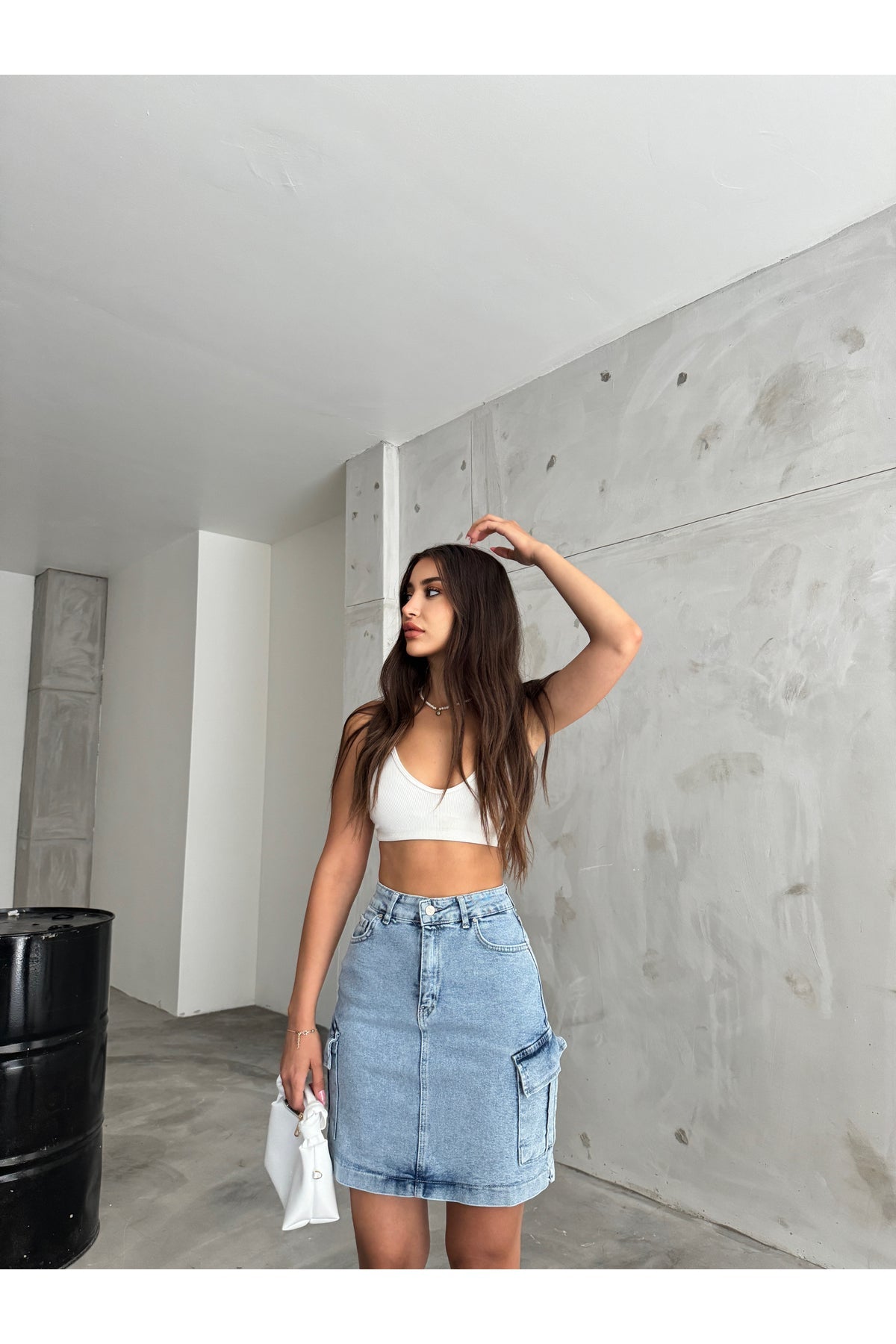 Kadın Kargo Cep Detaylı Yüksek Bel Mini Denim Etek Metalik - MALLTURK