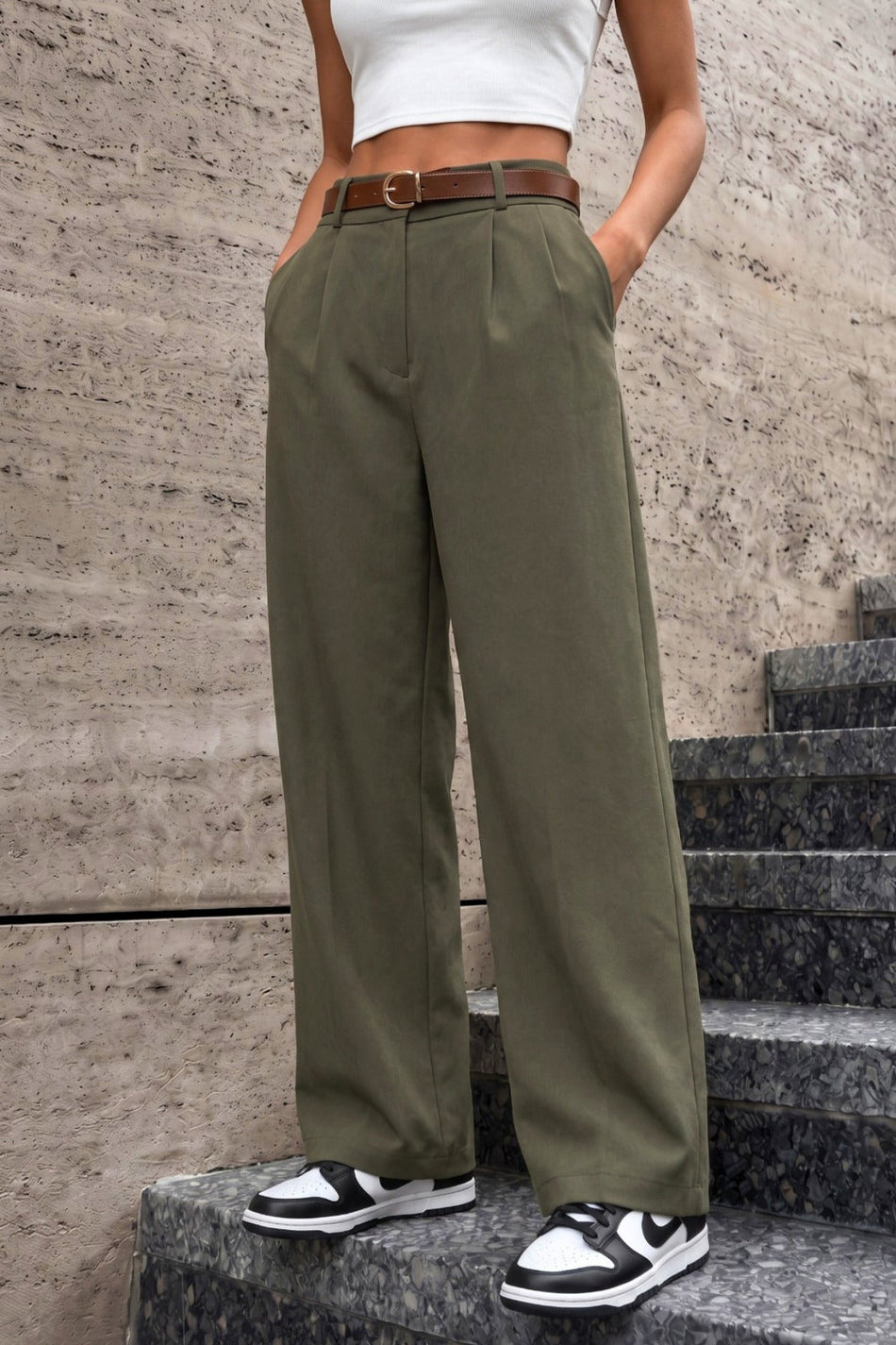Kadın Kemerli Oversize Salaş Beli Lastikli Palazzo Pantolon HAKİ - MALLTURK