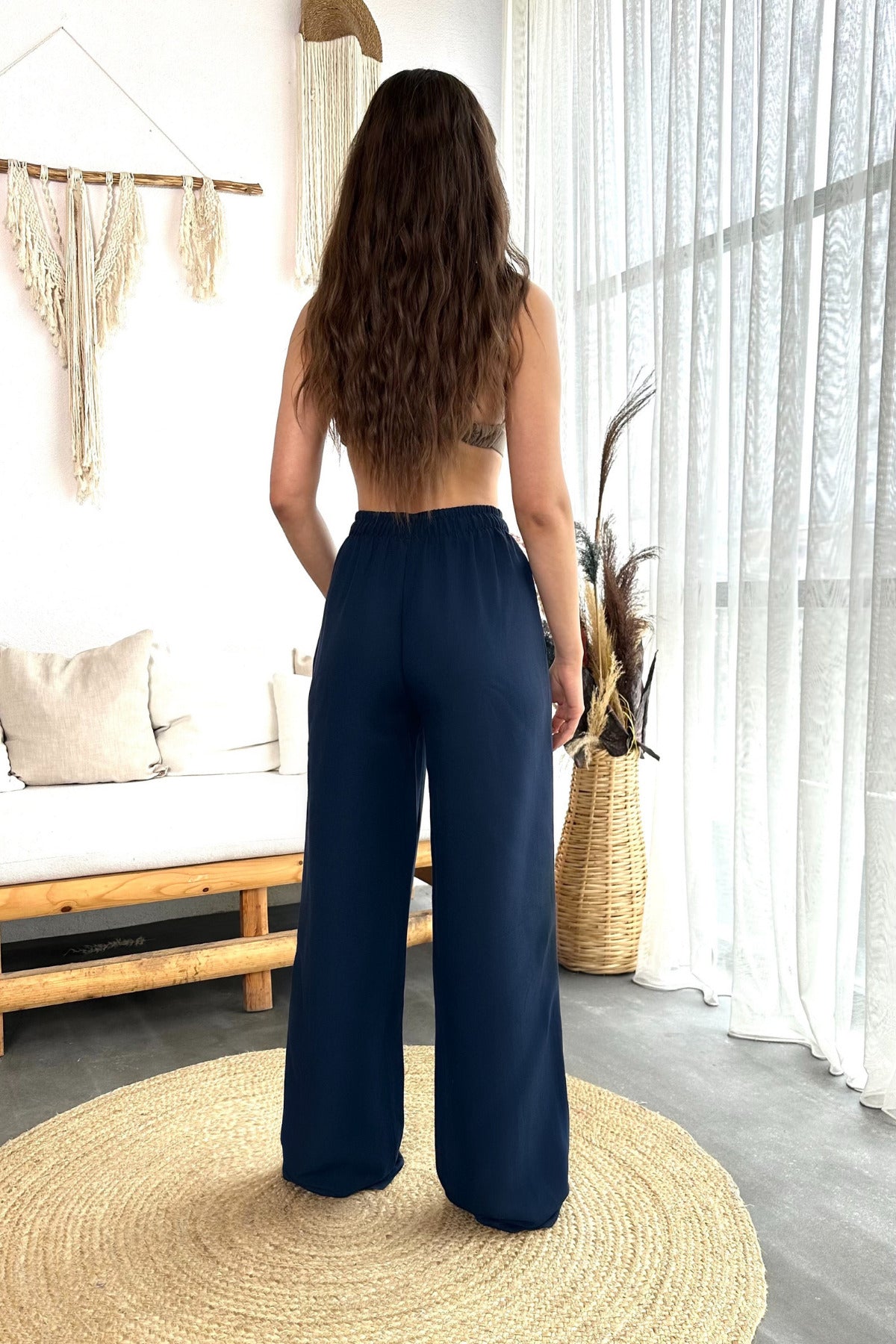 Kadın Keten Beli Lastik Bağlamalı Yüksek Bel Geniş Kesim Cepli Yazlık Pantolon Lacivert - MALLTURK