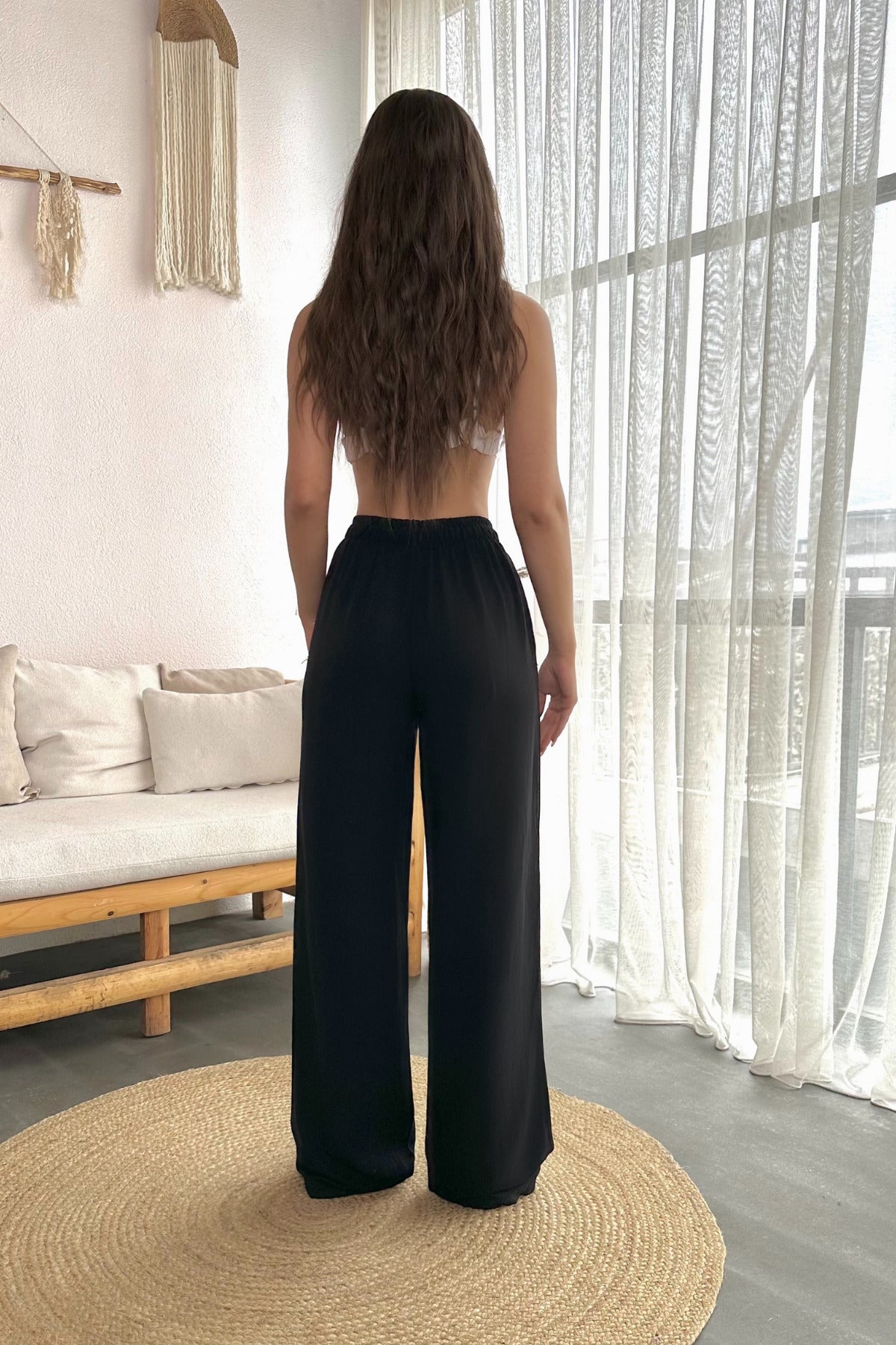 Kadın Keten Beli Lastik Bağlamalı Yüksek Bel Geniş Kesim Cepli Yazlık Pantolon siyah - MALLTURK
