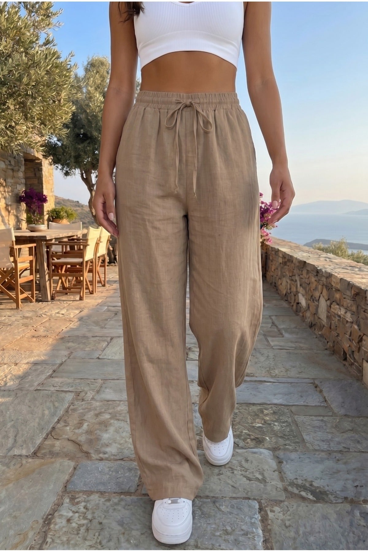 Kadın Keten Karışımlı Beli Lastikli Bol Kesim Pantolon Kahverengi - MALLTURK