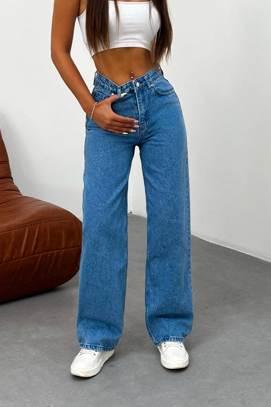 Kadın Koyu Mavi Soluk Efekt Likralı Yüksek Bel Geniş Paça Bol,Salaş Palazzo Jeans - MALLTURK