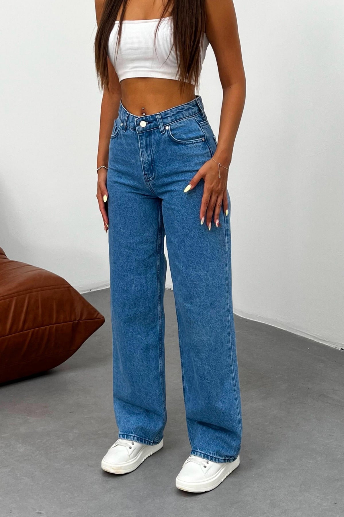 Kadın Koyu Mavi Soluk Efekt Likralı Yüksek Bel Geniş Paça Bol,Salaş Palazzo Jeans - MALLTURK