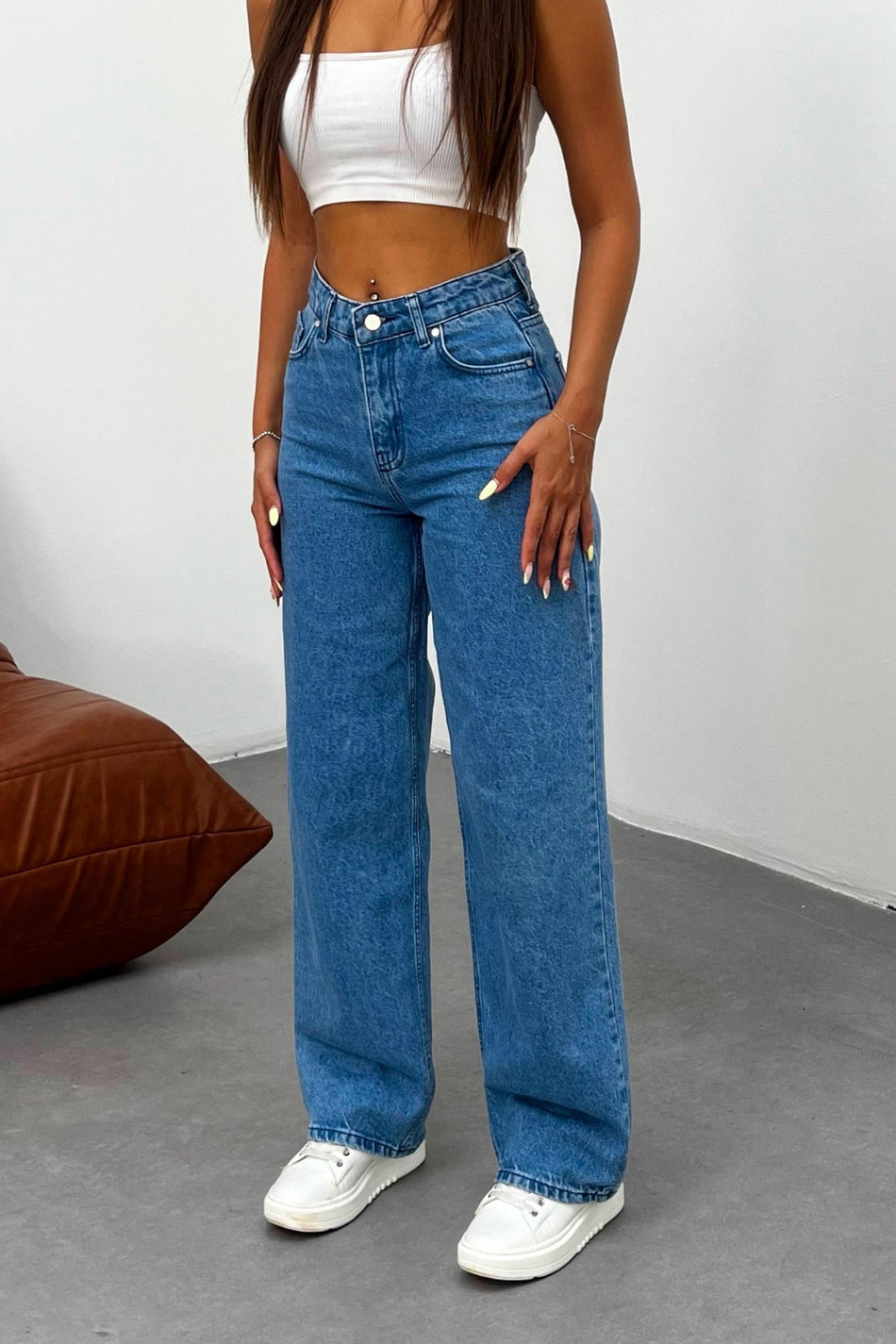 Kadın Koyu Mavi Soluk Efekt Likralı Yüksek Bel Geniş Paça Bol,Salaş Palazzo Jeans - MALLTURK