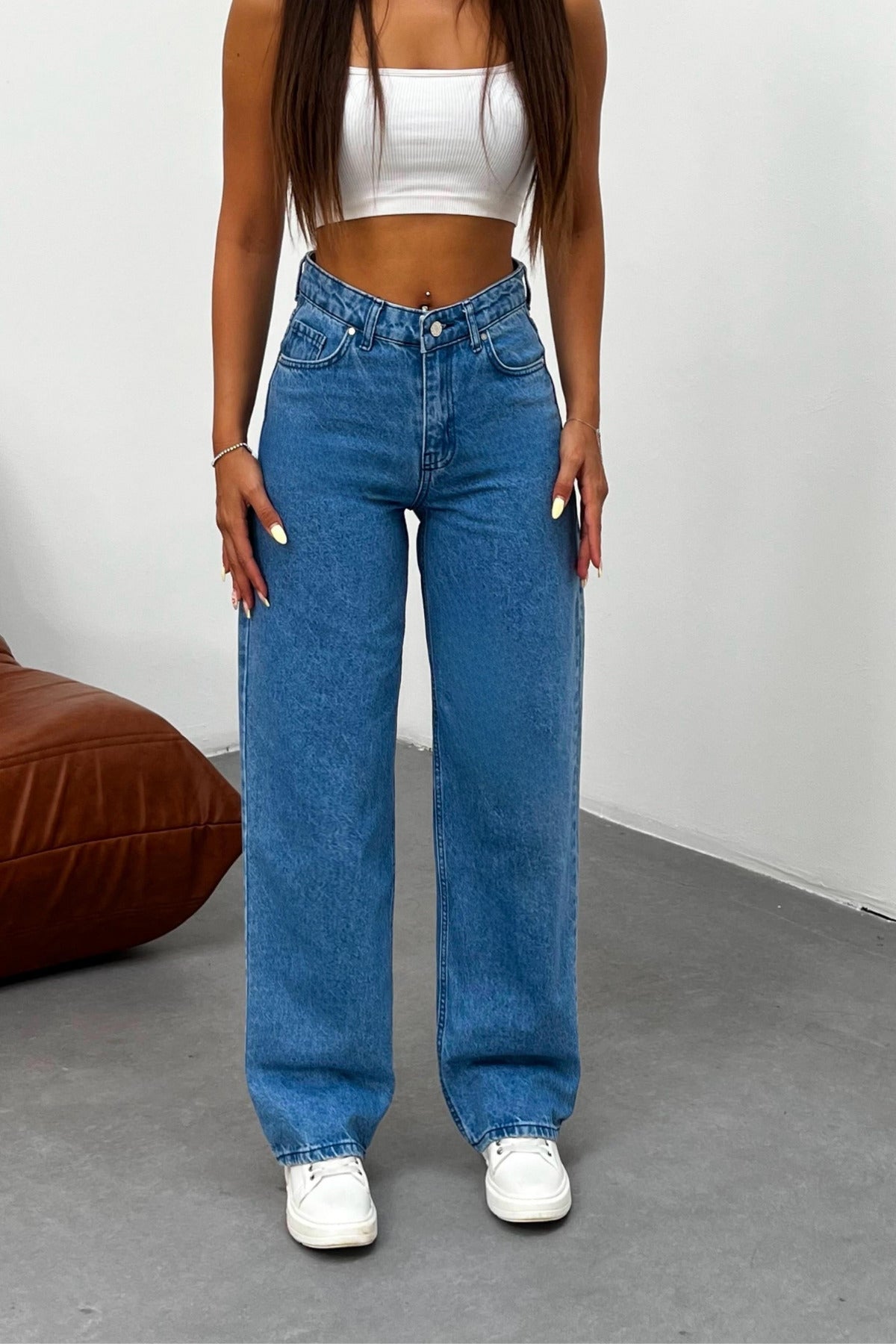 Kadın Koyu Mavi Soluk Efekt Likralı Yüksek Bel Geniş Paça Bol,Salaş Palazzo Jeans - MALLTURK