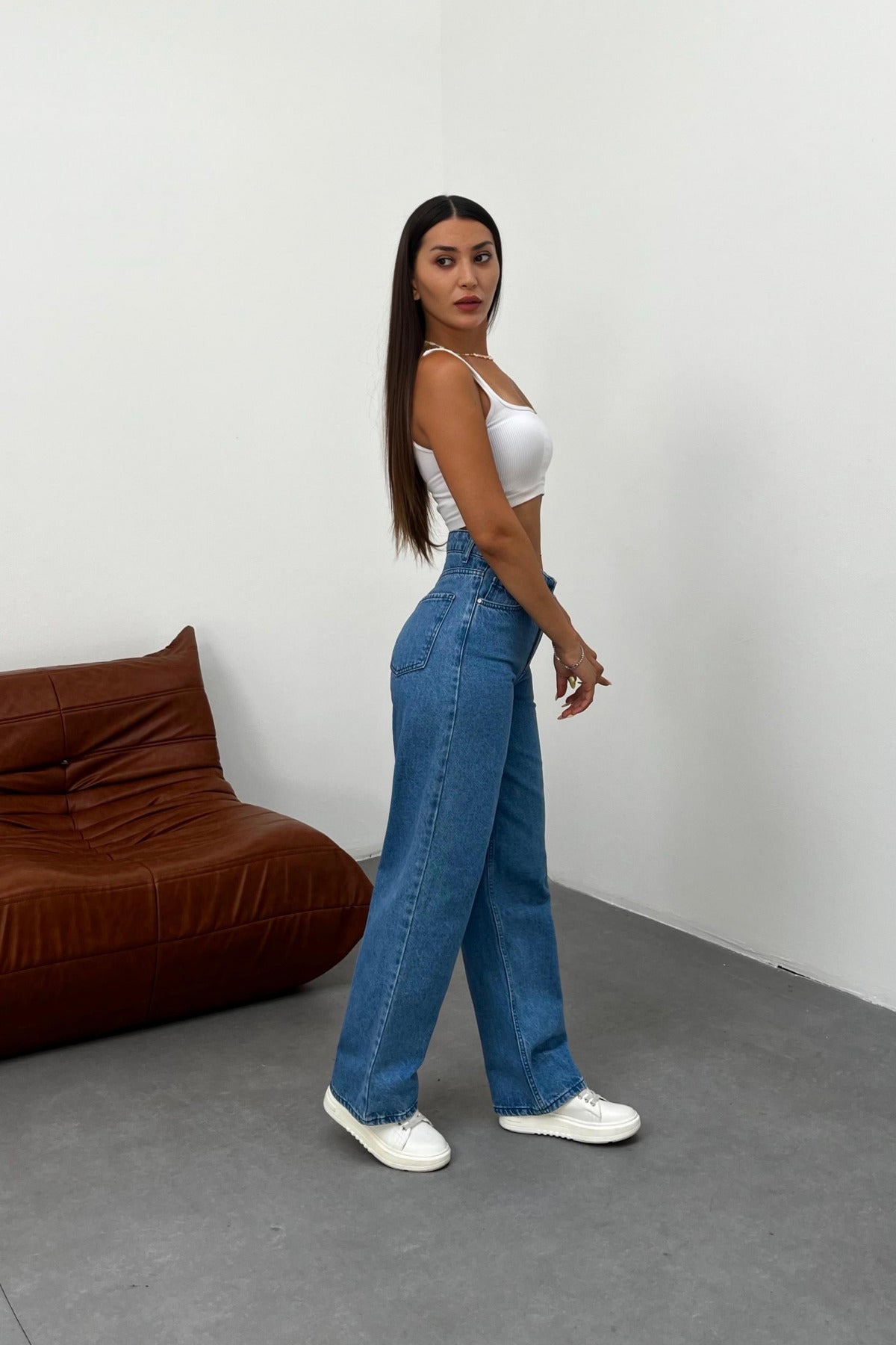 Kadın Koyu Mavi Soluk Efekt Likralı Yüksek Bel Geniş Paça Bol,Salaş Palazzo Jeans - MALLTURK