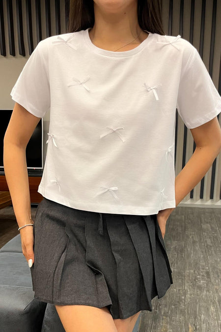 Kadın Kurdele Detaylı Bisiklet Yaka T-shirt Beyaz - MALLTURK