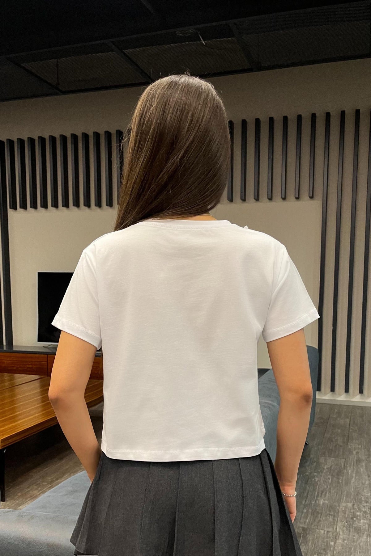 Kadın Kurdele Detaylı Bisiklet Yaka T-shirt Beyaz - MALLTURK