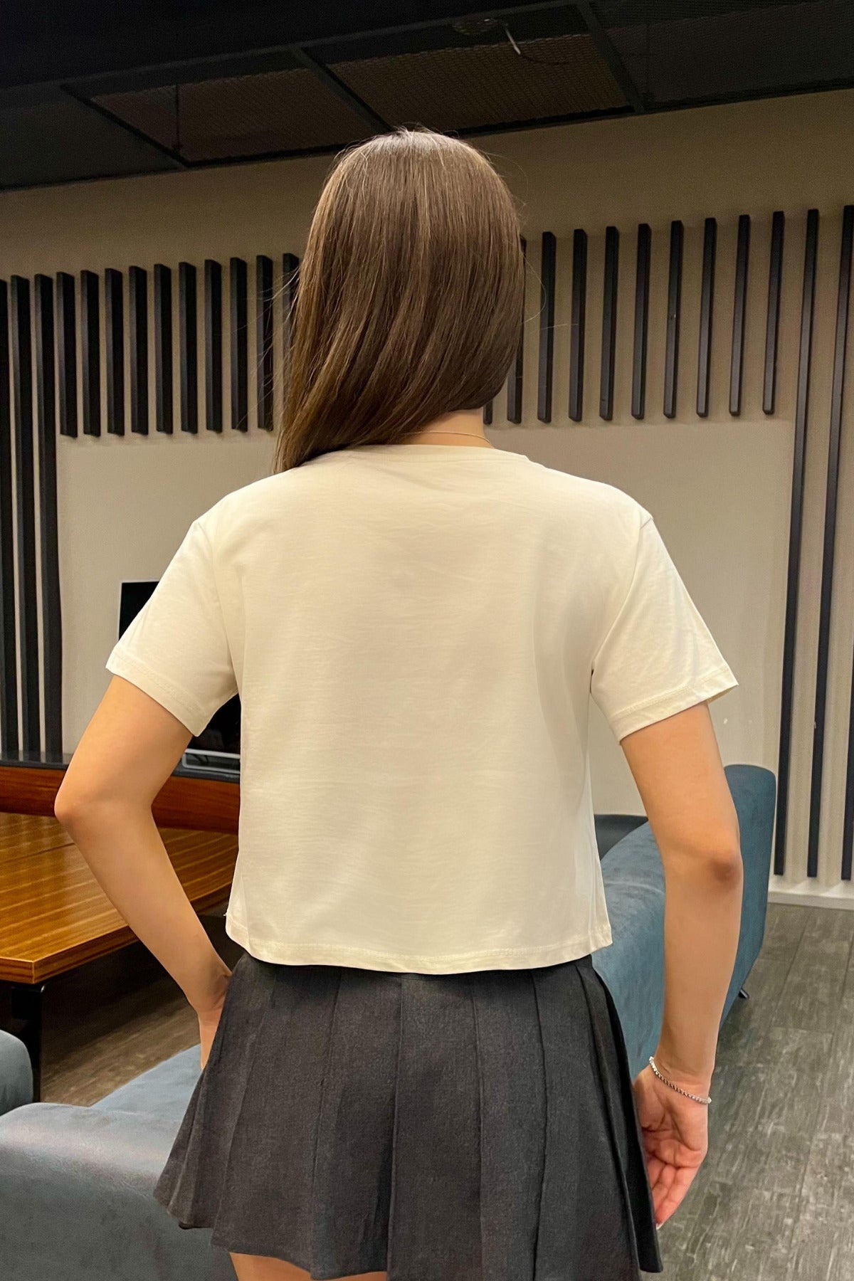 Kadın Kurdele Detaylı Bisiklet Yaka T-shirt Ekru - MALLTURK
