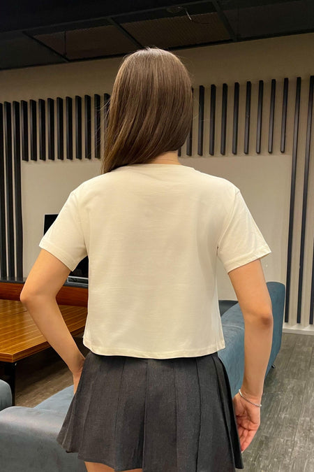 Kadın Kurdele Detaylı Bisiklet Yaka T-shirt Ekru - MALLTURK