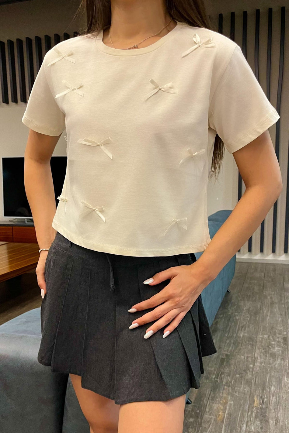 Kadın Kurdele Detaylı Bisiklet Yaka T-shirt Ekru - MALLTURK