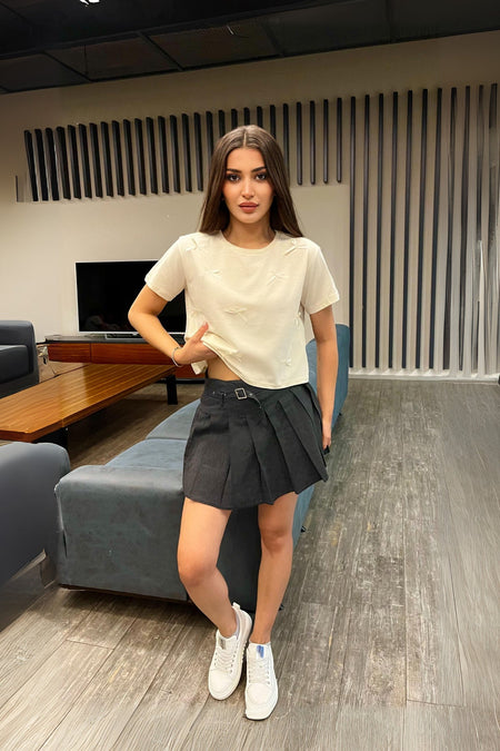 Kadın Kurdele Detaylı Bisiklet Yaka T-shirt Ekru - MALLTURK
