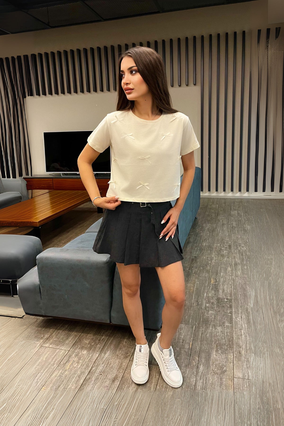 Kadın Kurdele Detaylı Bisiklet Yaka T-shirt Ekru - MALLTURK