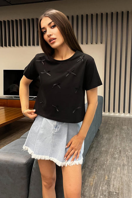 Kadın Kurdele Detaylı Bisiklet Yaka T-shirt Siyah - MALLTURK