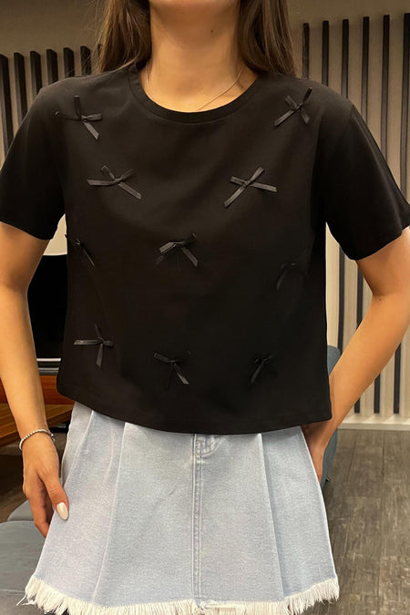 Kadın Kurdele Detaylı Bisiklet Yaka T-shirt Siyah - MALLTURK