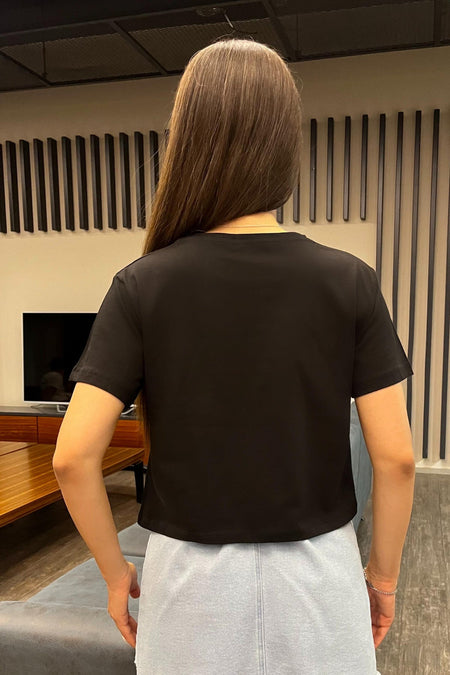 Kadın Kurdele Detaylı Bisiklet Yaka T-shirt Siyah - MALLTURK