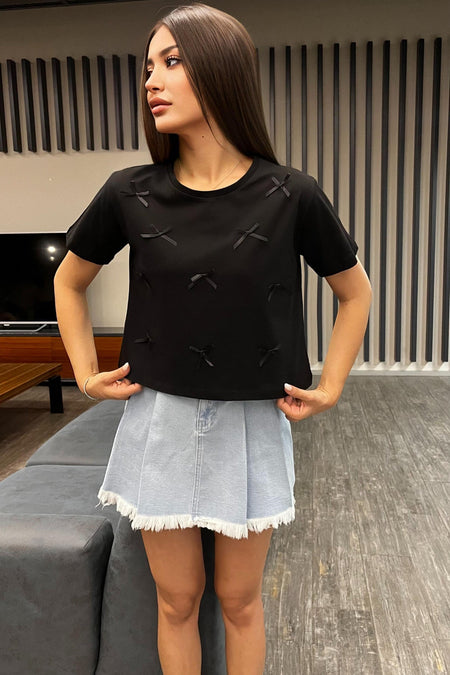 Kadın Kurdele Detaylı Bisiklet Yaka T-shirt Siyah - MALLTURK