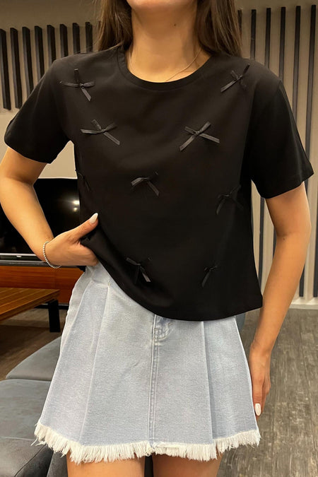 Kadın Kurdele Detaylı Bisiklet Yaka T-shirt Siyah - MALLTURK