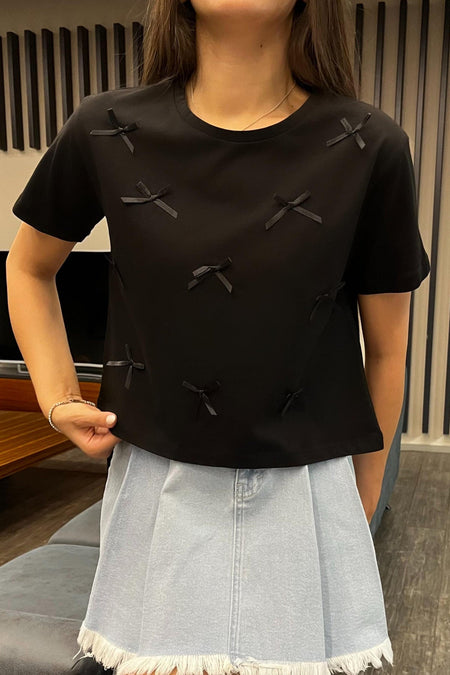 Kadın Kurdele Detaylı Bisiklet Yaka T-shirt Siyah - MALLTURK