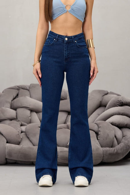 Kadın Lacivert Yüksek Bel Esnek Ispanyol Paça Jeans - MALLTURK