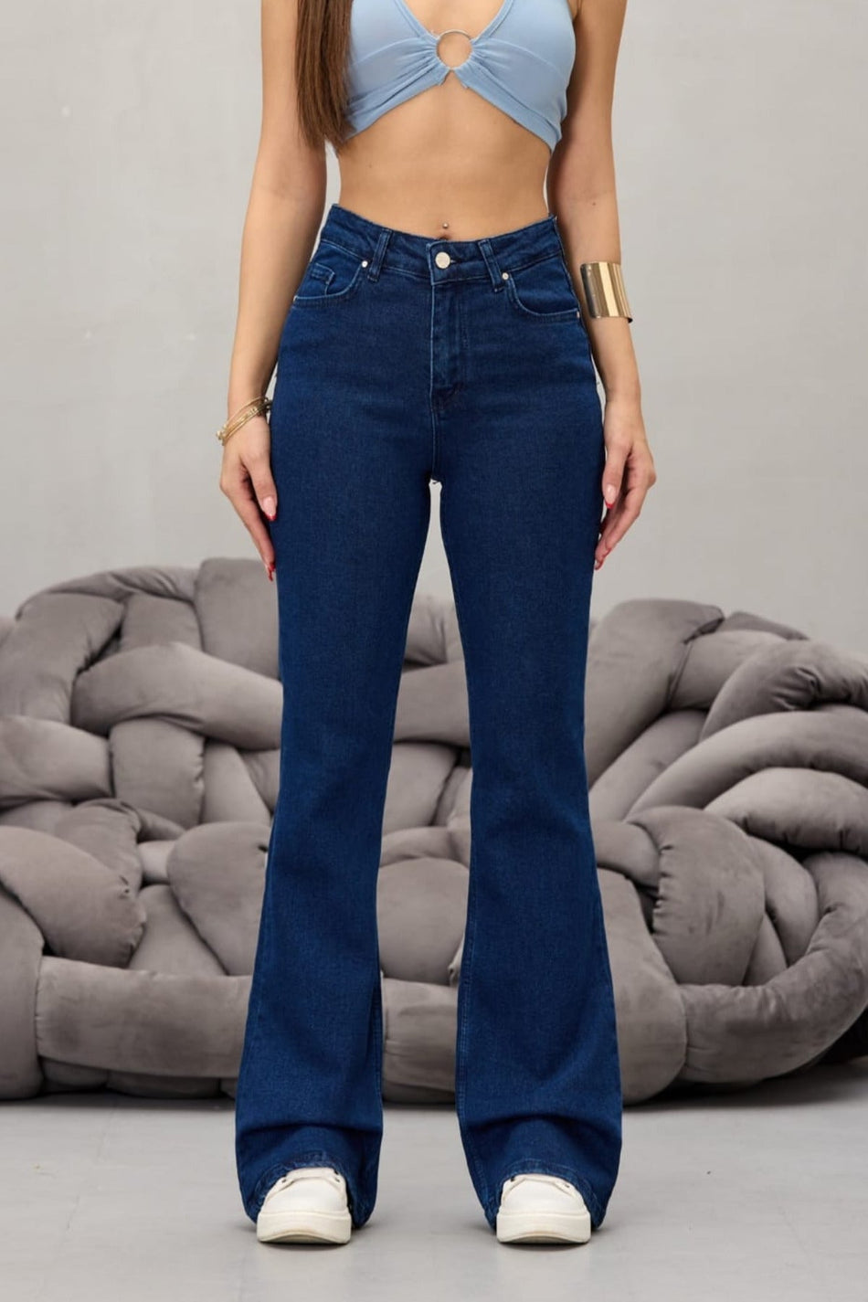 Kadın Lacivert Yüksek Bel Esnek Ispanyol Paça Jeans - MALLTURK