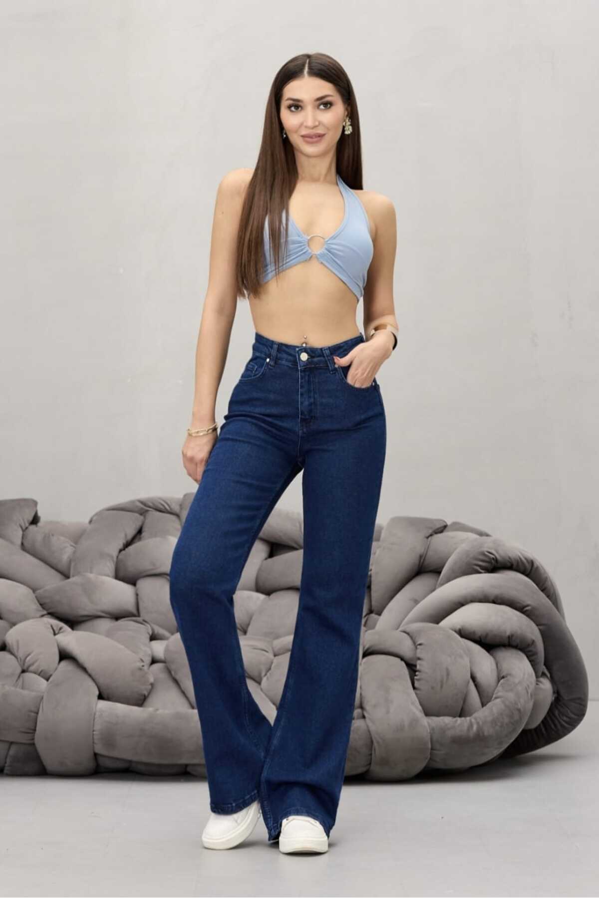 Kadın Lacivert Yüksek Bel Esnek Ispanyol Paça Jeans - MALLTURK