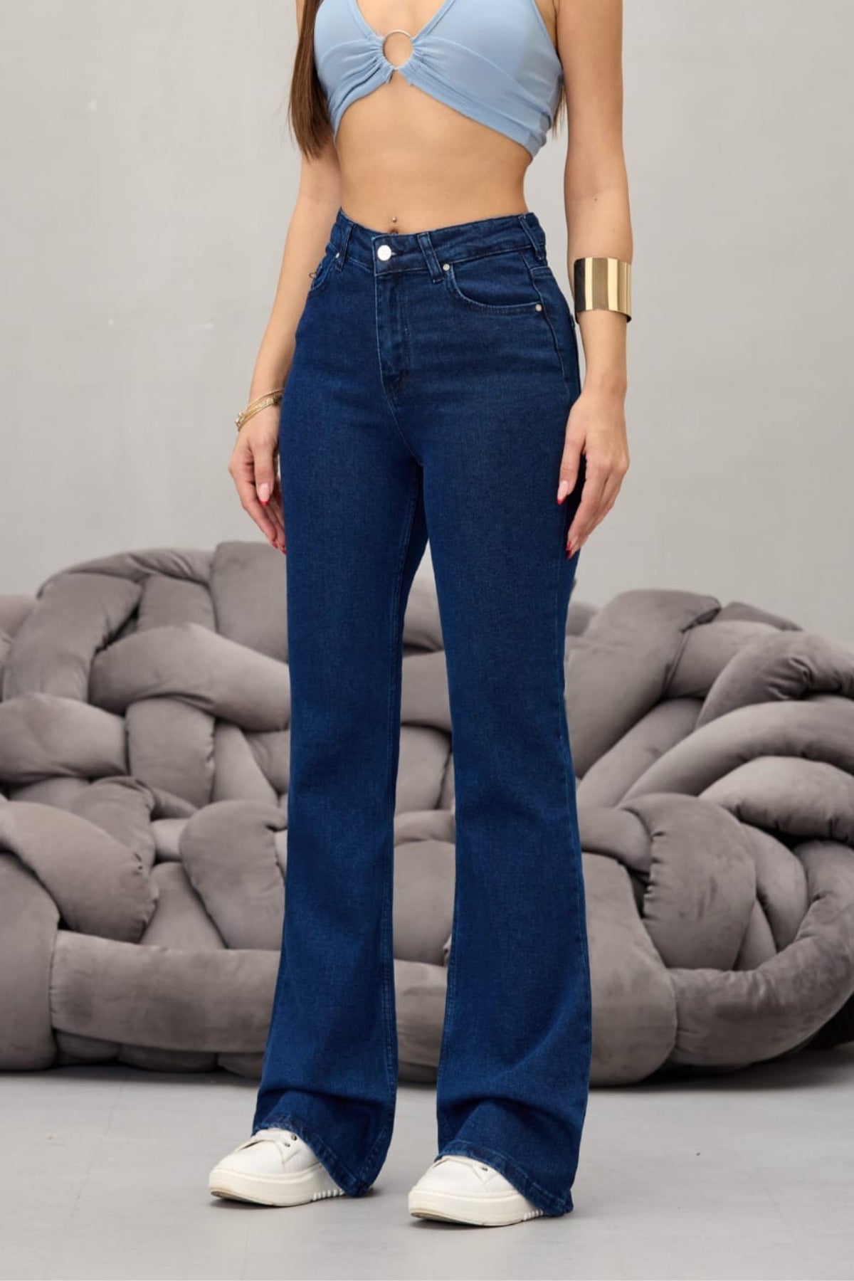 Kadın Lacivert Yüksek Bel Esnek Ispanyol Paça Jeans - MALLTURK