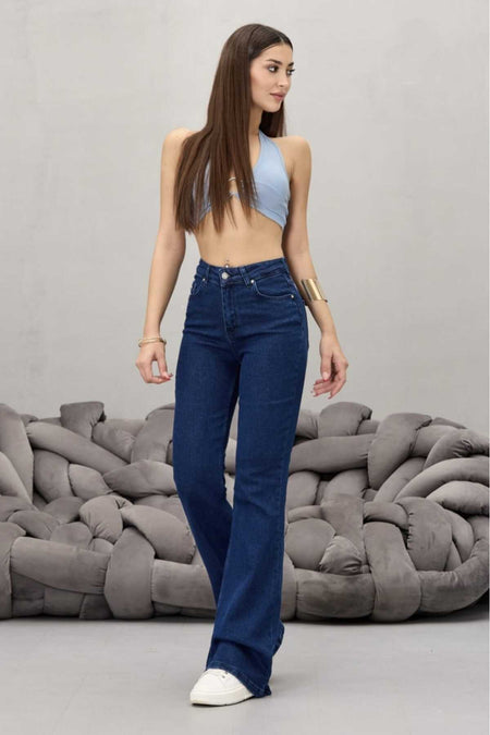 Kadın Lacivert Yüksek Bel Esnek Ispanyol Paça Jeans - MALLTURK