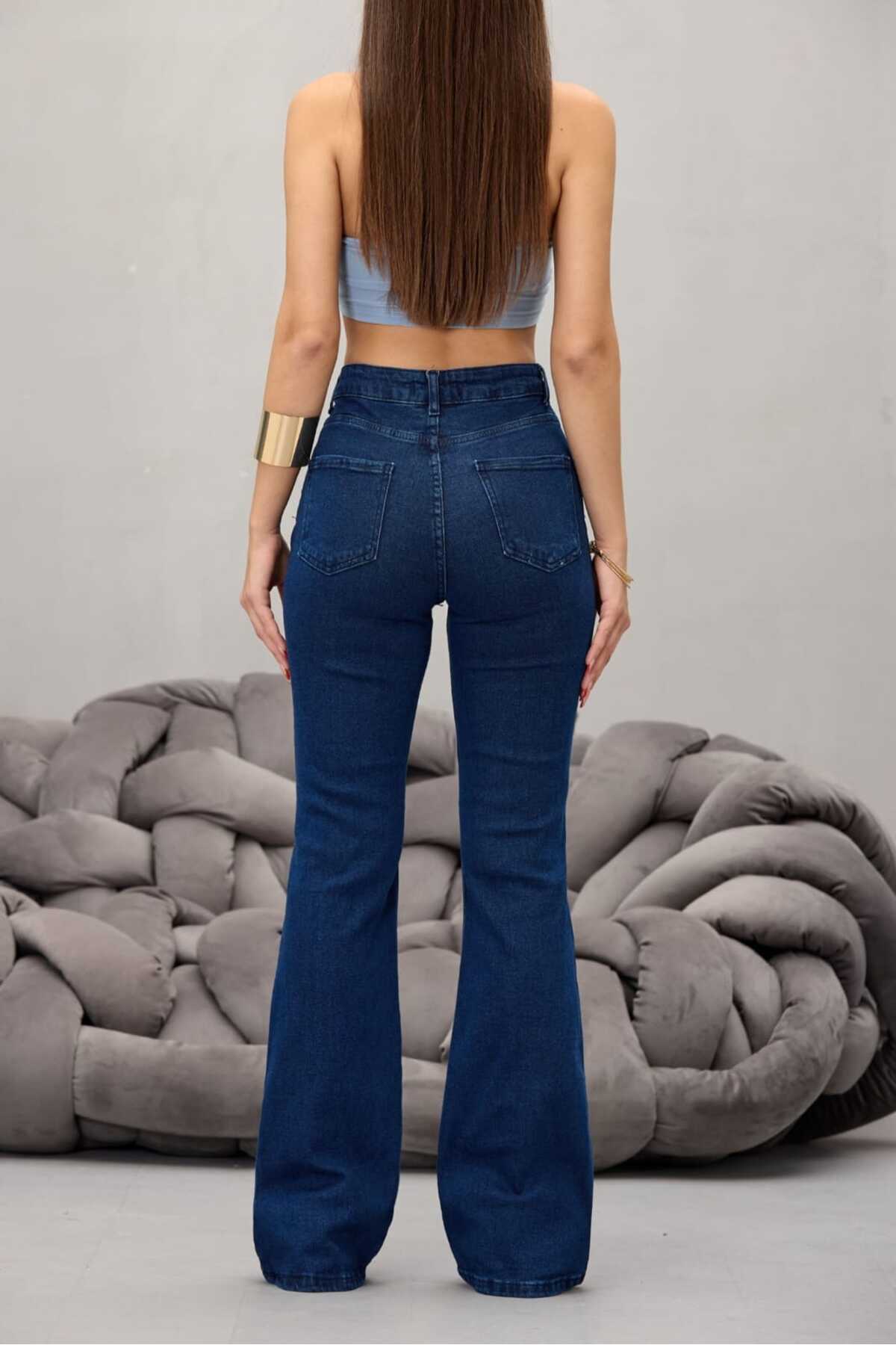 Kadın Lacivert Yüksek Bel Esnek Ispanyol Paça Jeans - MALLTURK