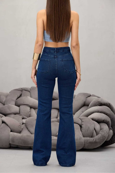 Kadın Lacivert Yüksek Bel Esnek Ispanyol Paça Jeans - MALLTURK