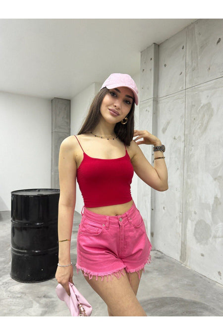 Kadın Lastik Ip Askılı Sandy Kumaş Crop Bluz Büstiyer kırmızı - MALLTURK