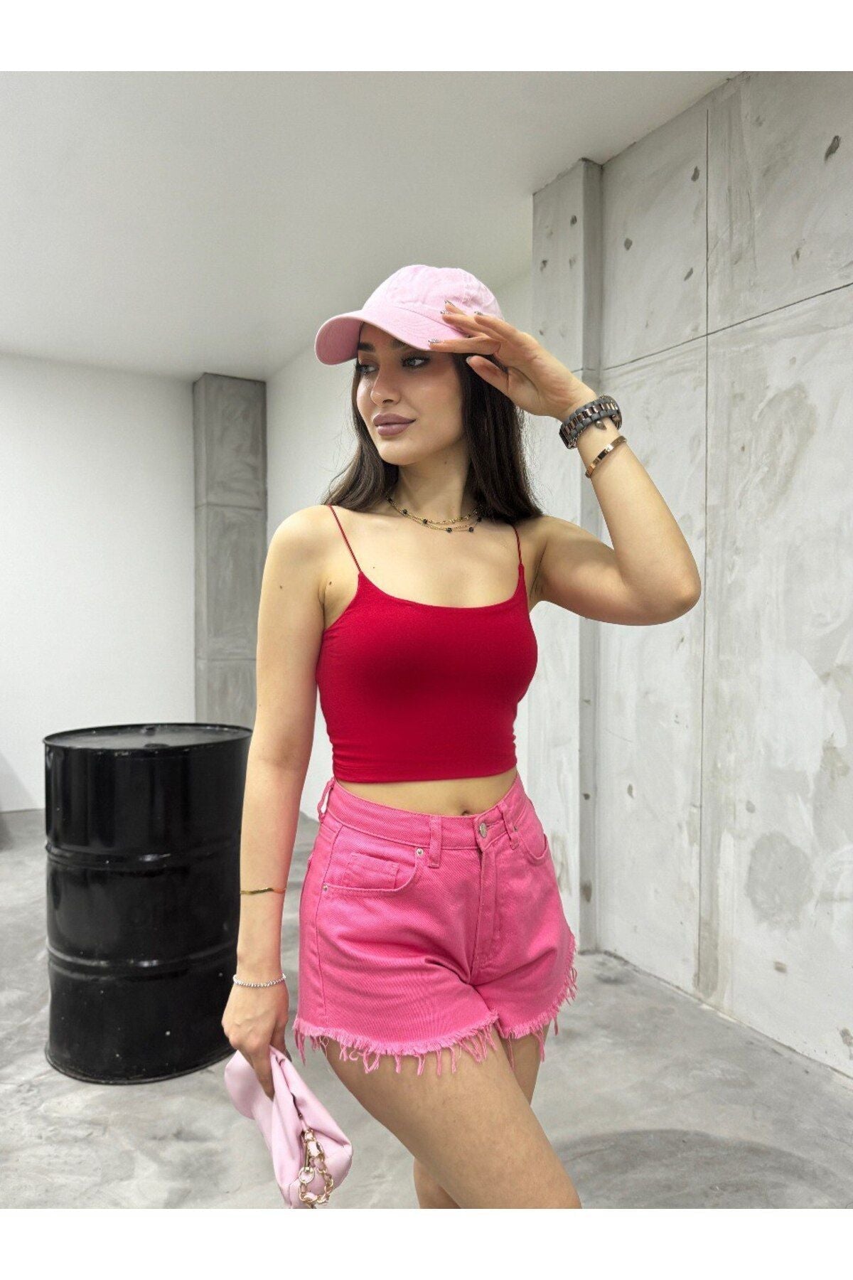 Kadın Lastik Ip Askılı Sandy Kumaş Crop Bluz Büstiyer kırmızı - MALLTURK
