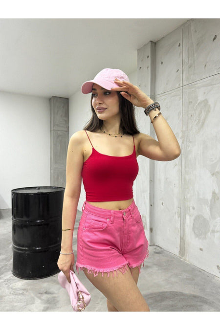 Kadın Lastik Ip Askılı Sandy Kumaş Crop Bluz Büstiyer kırmızı - MALLTURK