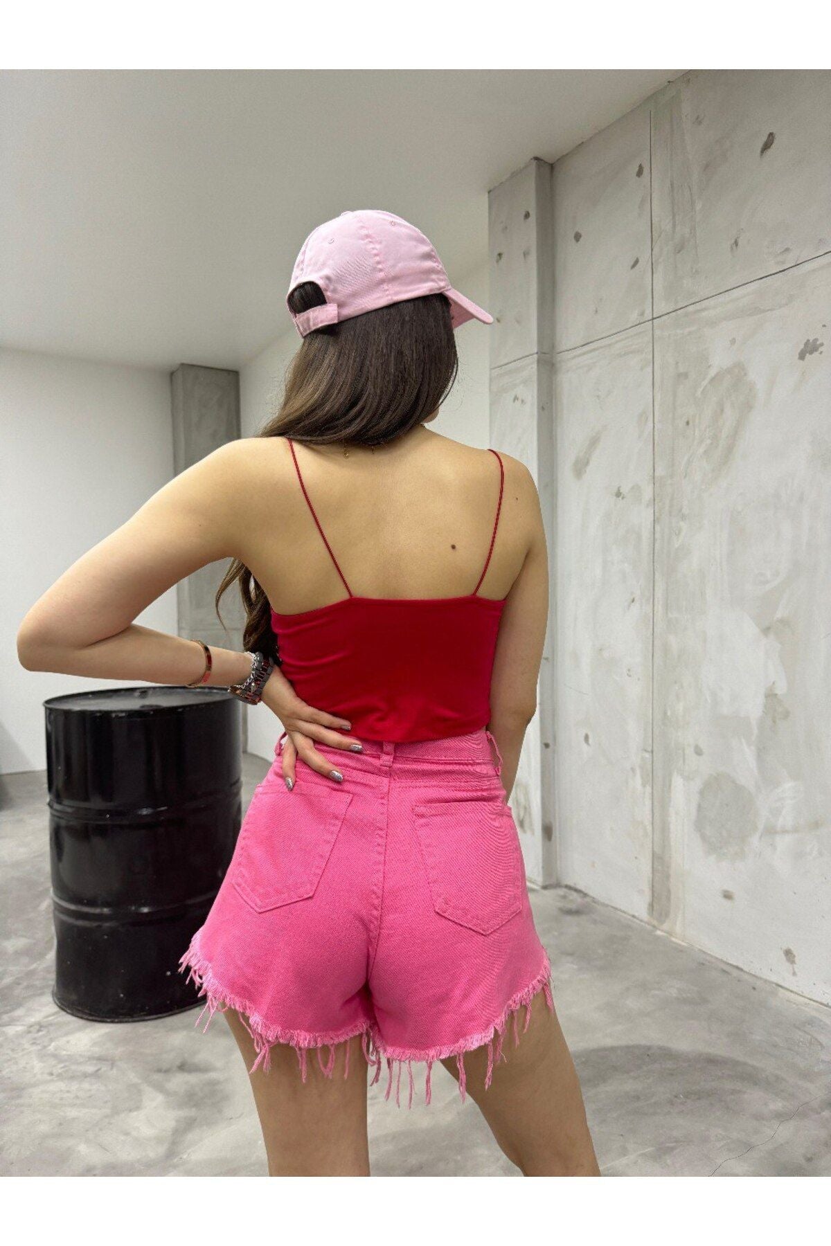 Kadın Lastik Ip Askılı Sandy Kumaş Crop Bluz Büstiyer kırmızı - MALLTURK