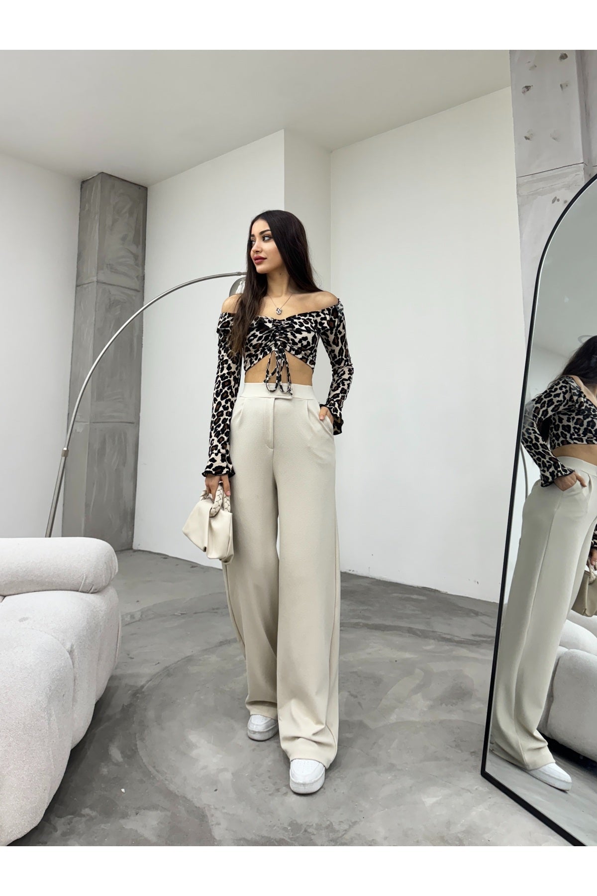 Kadın Likralı Cırt Kapama Palazzo Geniş Paça Pantolon Taş - MALLTURK